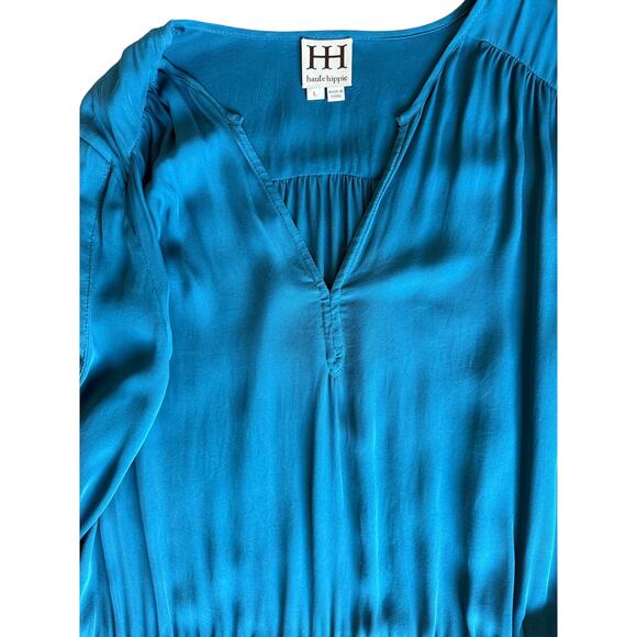 Turquoise emerald aqua blue silk Haute Hippie dress size L - Picture 4 of 7